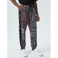 Mens Vintage Floral Geometric Print Side Stripe Loose Drawstring Pants