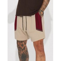 Mens Ethnic Ribbon Color Block Stitching Loose Drawstring Shorts