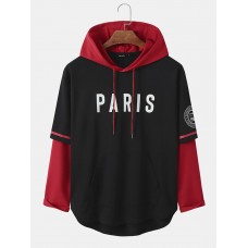 Mens Letter Print Contrast Faux Twinset Preppy Drawstring Hoodies