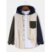 Mens Contrast Patchwork Corduroy Long Sleeve Drawstring Hooded Shirts