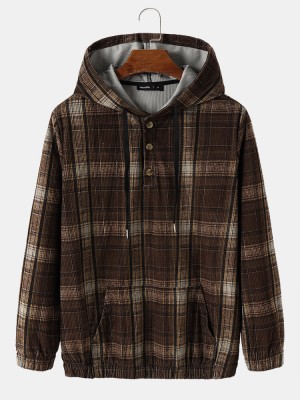 Mens Plaid Corduroy Half Button Preppy Drawstring Hoodies