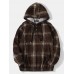 Mens Plaid Corduroy Half Button Preppy Drawstring Hoodies