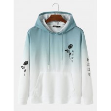 Mens Rose Japanese Ombre Print Kangaroo Pocket Drawstring Hoodies