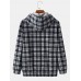 Mens Plaid Half Button Corduroy Preppy Drawstring Hoodies With Pocket